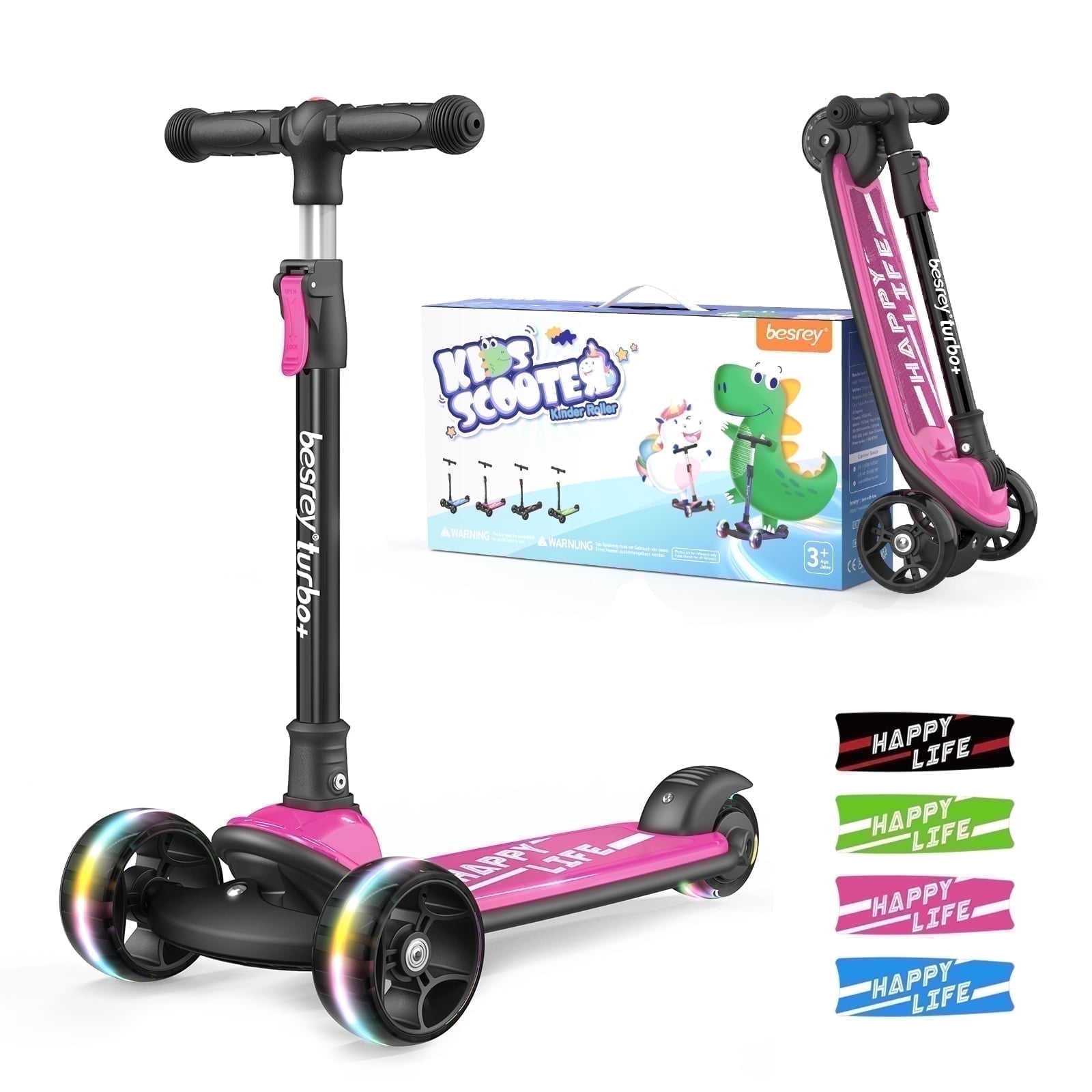 Besrey Toddler 3 Wheel Scooter for Age 3-9 Years Old Boys and Girls,Kids Scooter with LED Light Wheels Foldable and Adjustable,Pink